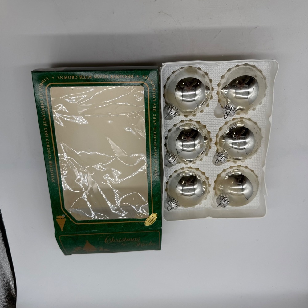 Christmas by Krebs Vintage Silver Glass Ornaments Set of 6 Made in USA Boxed